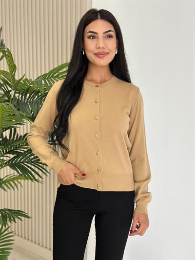 Gold Düğmeli Yumoş Hırka Camel