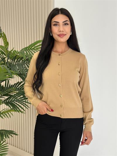Gold Düğmeli Yumoş Hırka Camel