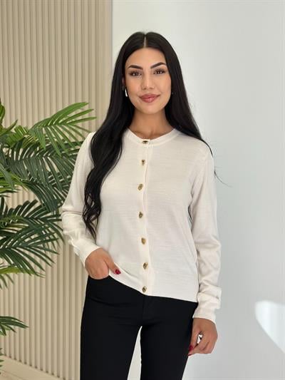 Gold Düğmeli Yumoş Hırka Ekru