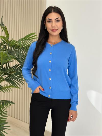 Gold Düğmeli Yumoş Hırka Mavi