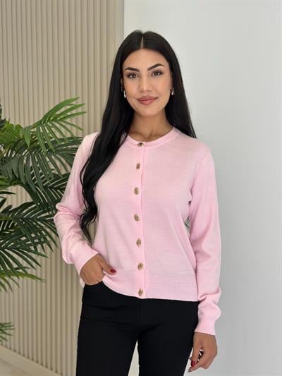 Gold Düğmeli Yumoş Hırka Pembe