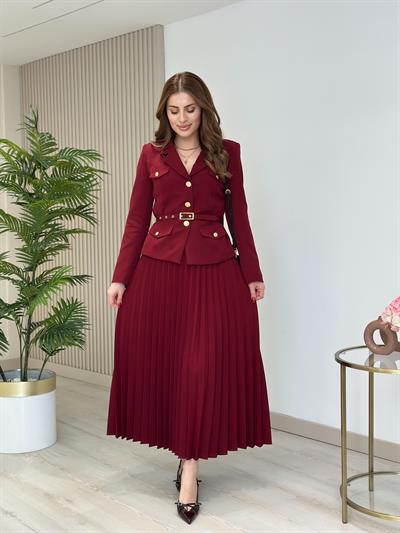 Gold Düğmeli Etekli Premium Seri Takım Bordo