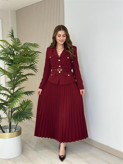 Gold Düğmeli Etekli Premium Seri Takım Bordo