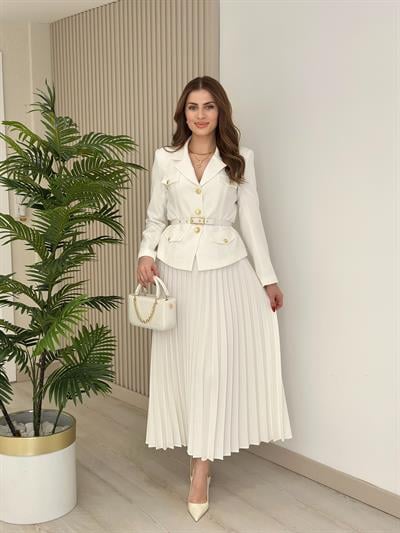 Gold Düğmeli Etekli Premium Seri Takım Ekru