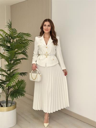 Gold Düğmeli Etekli Premium Seri Takım Ekru