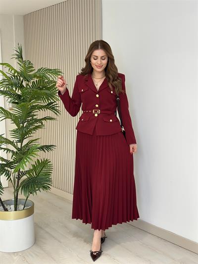 Gold Düğmeli Etekli Premium Seri Takım Bordo