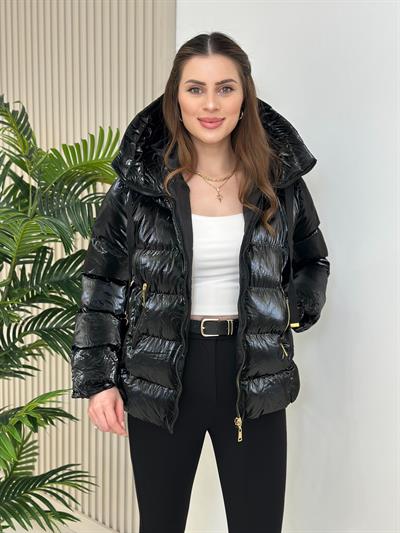 Gold Fermuarlı Puffer Şişme Mont Siyah