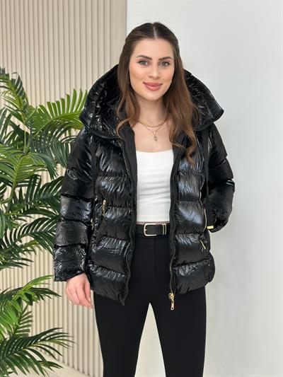 Gold Fermuarlı Puffer Şişme Mont Siyah