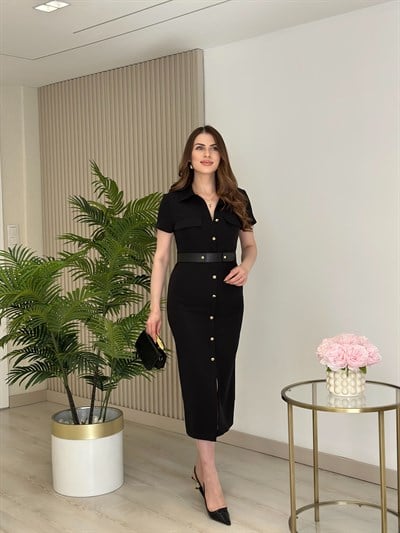 Gold Güğmeli Kemerli Elbise Siyah