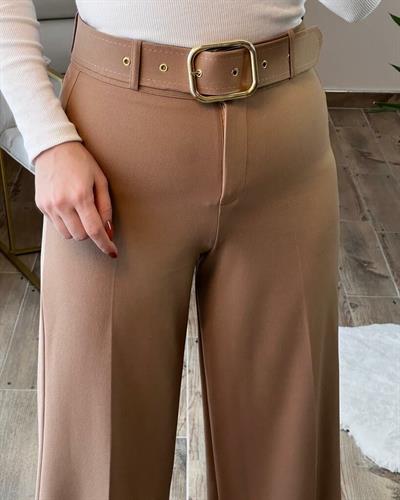 Gold Kemerli Likralı Palazzo Pantolon Camel