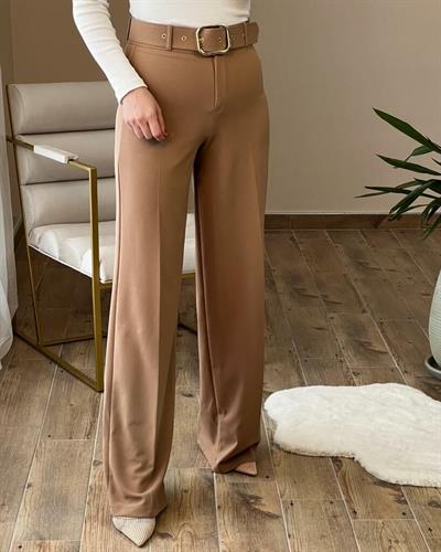 Gold Kemerli Likralı Palazzo Pantolon Camel