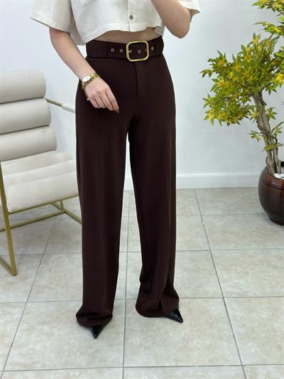 Gold Kemerli Likralı Palazzo Pantolon Acı Kahve