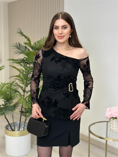 Gold Tokalı Flok Baskı Bluz Siyah