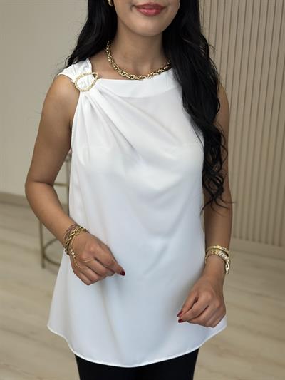 Gold Tokalı Krep Kumaş Bluz Beyaz