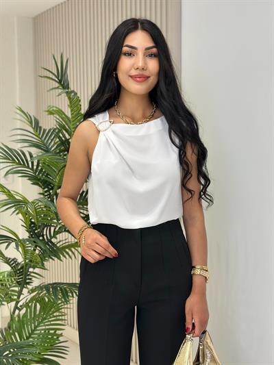 Gold Tokalı Krep Kumaş Bluz Beyaz