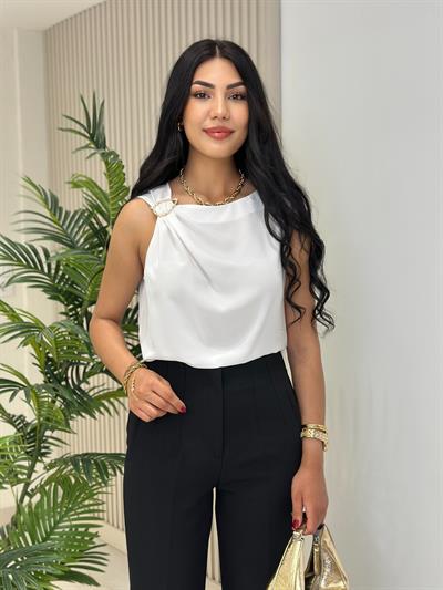 Gold Tokalı Krep Kumaş Bluz Beyaz