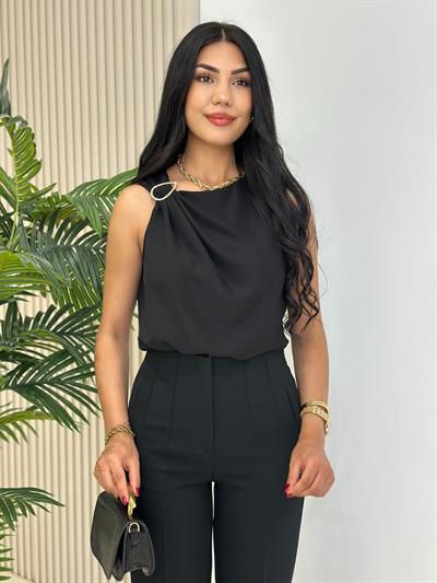 Gold Tokalı Krep Kumaş Bluz Siyah