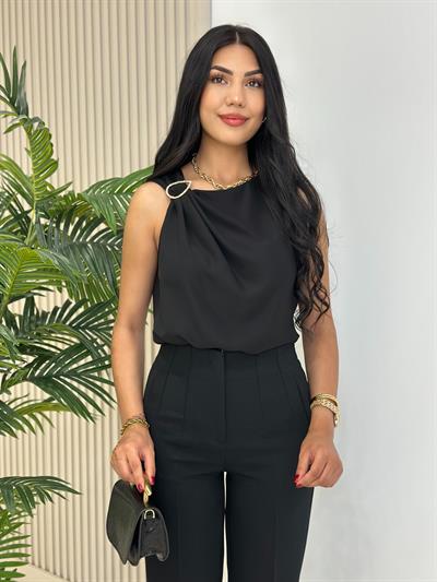 Gold Tokalı Krep Kumaş Bluz Siyah