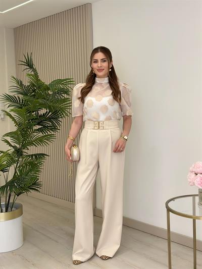 Gold Tokalı Palazzo Pantolon Bej