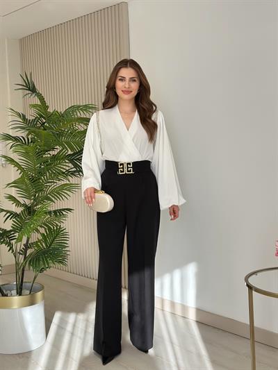 Gold Tokalı Palazzo Pantolon Siyah