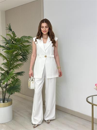 Gold Tokalı Premium Kruvaze Yelek Beyaz