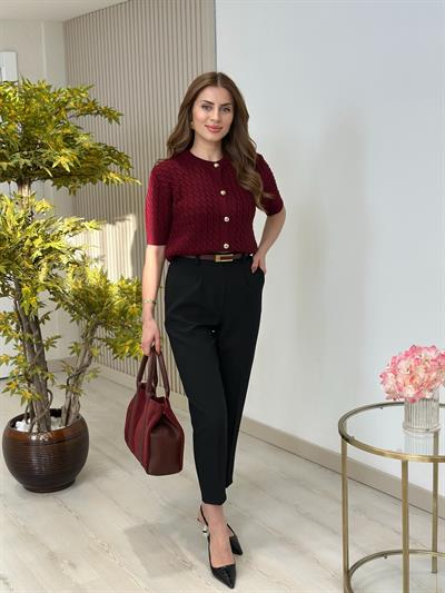 Gold Topçuk Düğmeli Burgu Hırka Bordo