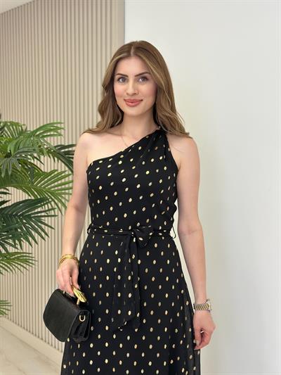 Gold Varaklı Puantiyeli Şifon Tek Omuz Elbise 