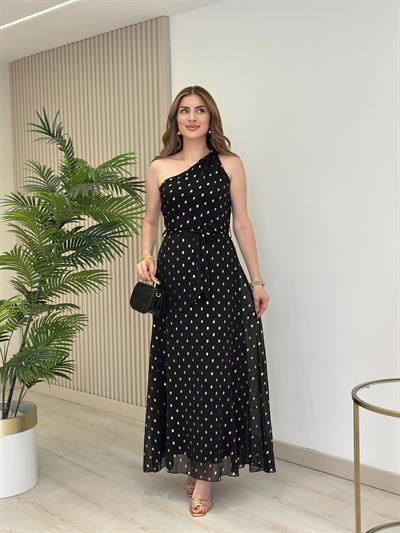 Gold Varaklı Puantiyeli Şifon Tek Omuz Elbise 