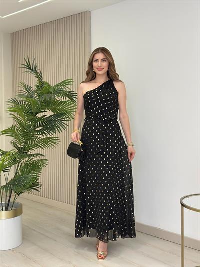 Gold Varaklı Puantiyeli Şifon Tek Omuz Elbise 