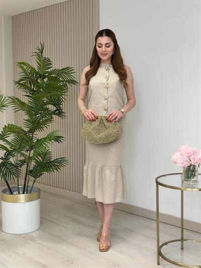 Gold Yıldız Düğmeli Keten Etekli Takım Naturel