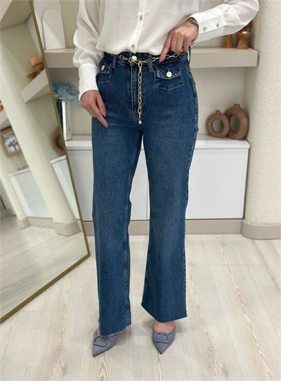 Gold Zincir Kemerli Flare Jean Mavi