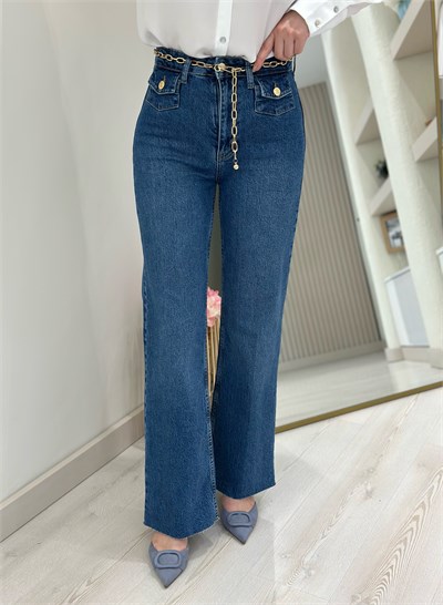 Gold Zincir Kemerli Flare Jean Mavi
