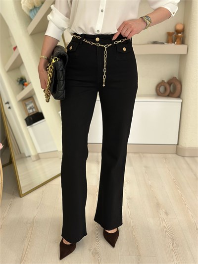 Gold Zincir Kemerli Flare Jean Siyah