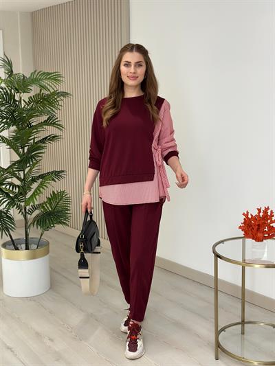 Gömlek Detaylı Modal Kumaş Takım Bordo