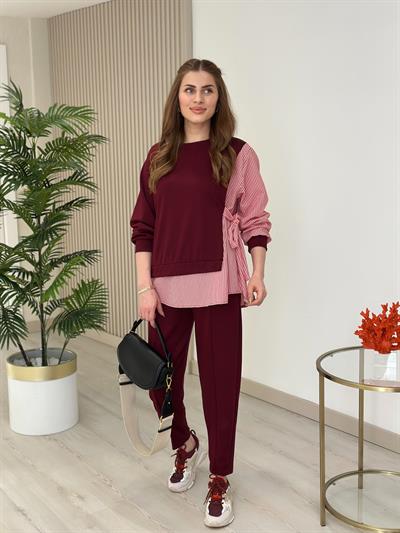 Gömlek Detaylı Modal Kumaş Takım Bordo