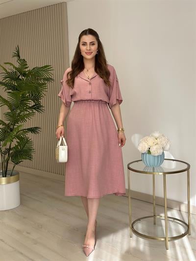 Gömlek Yaka Beli Lastikli Yarasa Kol Elbise Gül Kurusu