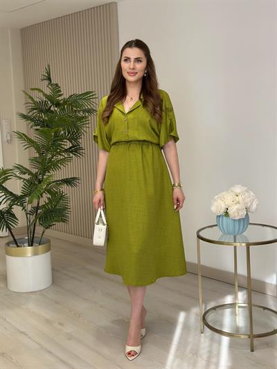 Gömlek Yaka Beli Lastikli Yarasa Kol Elbise Yağ Yeşili