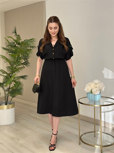 Gömlek Yaka Beli Lastikli Yarasa Kol Elbise Siyah