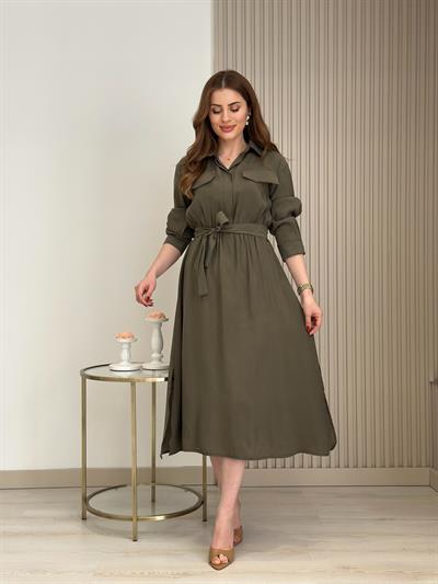 Gömlek Yaka Beli Lastikli Yırtmaçlı Bambu Elbise Haki