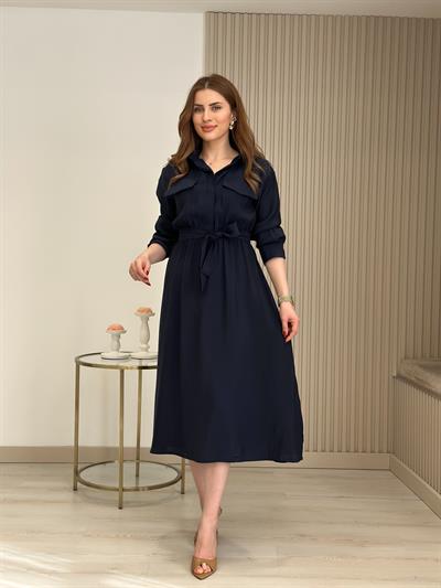 Gömlek Yaka Beli Lastikli Yırtmaçlı Bambu Elbise Lacivert