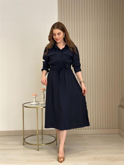 Gömlek Yaka Beli Lastikli Yırtmaçlı Bambu Elbise Lacivert