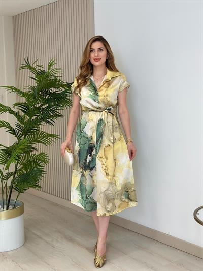 Gömlek Yaka Desenli Pamuk Saten Elbise Zümrüt 