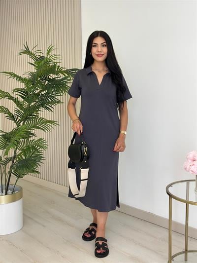Gömlek Yaka Modal Kumaş Yırtmaçlı Elbise Antrasit