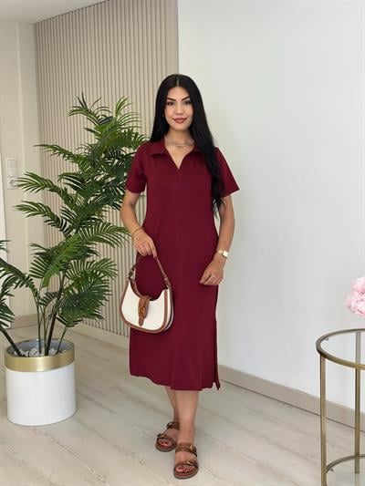 Gömlek Yaka Modal Kumaş Yırtmaçlı Elbise Bordo