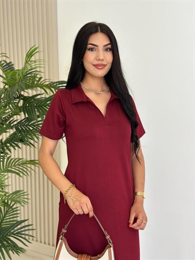 Gömlek Yaka Modal Kumaş Yırtmaçlı Elbise Bordo
