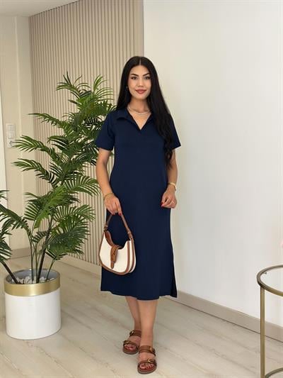 Gömlek Yaka Modal Kumaş Yırtmaçlı Elbise Lacivert