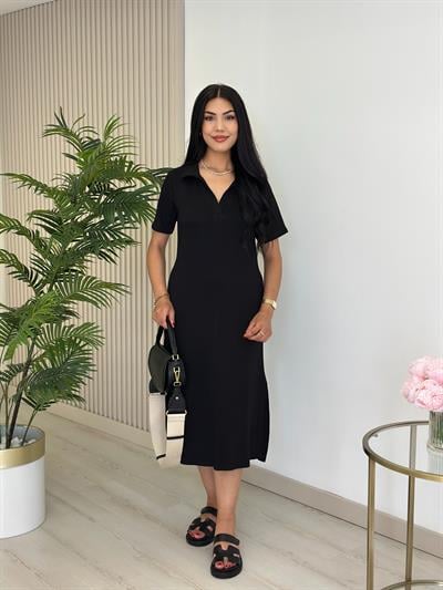 Gömlek Yaka Modal Kumaş Yırtmaçlı Elbise Siyah