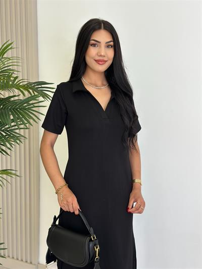 Gömlek Yaka Modal Kumaş Yırtmaçlı Elbise Siyah