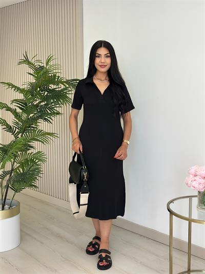 Gömlek Yaka Modal Kumaş Yırtmaçlı Elbise Siyah