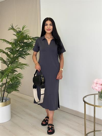 Gömlek Yaka Modal Kumaş Yırtmaçlı Elbise Antrasit